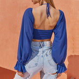 Sleeve Halter  Lace-up Top - WOMONA.COM