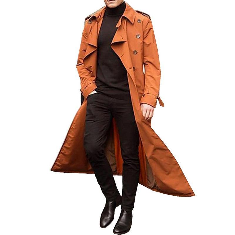 Orange men’s trench coat with notched collar, double-breasted buttons, flared long hem