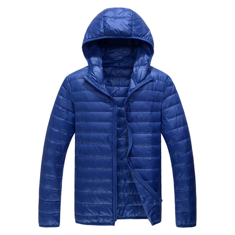 Mens hooded puffer jacket in blue, full-zip front with quilted padding and side pockets