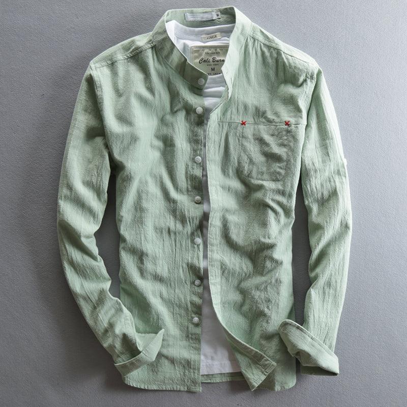Light green linen Chinese-style button shirt for men with stand collar