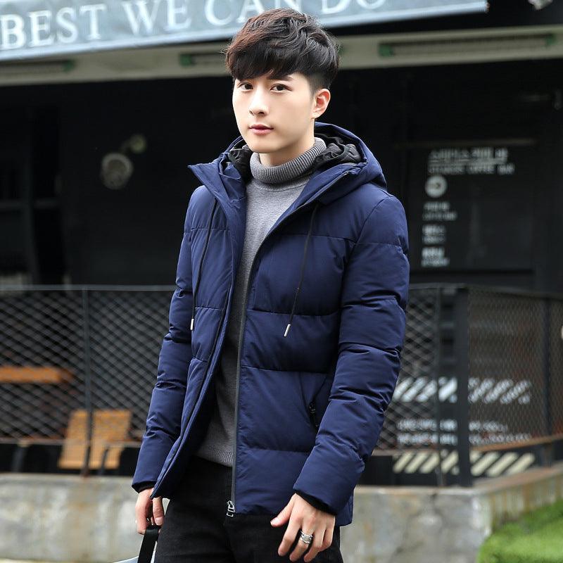 Men's hooded puffer coat, navy blue, zip front with drawstring hood