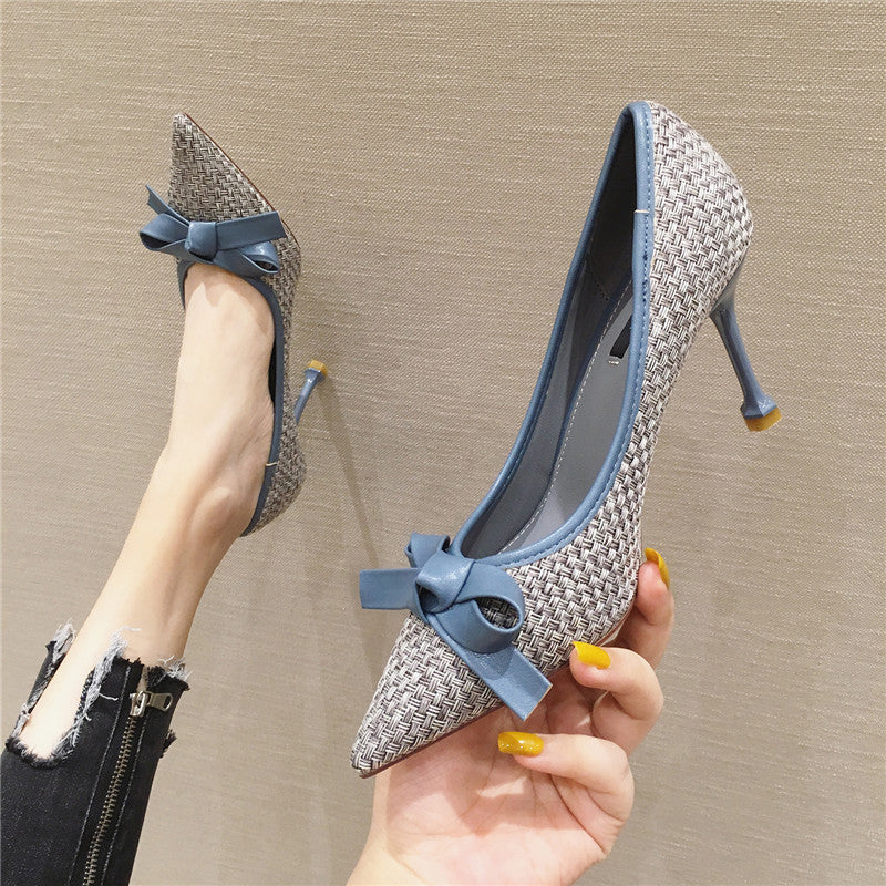Leather Bow Stiletto Pointed High Heels - WOMONA.COM