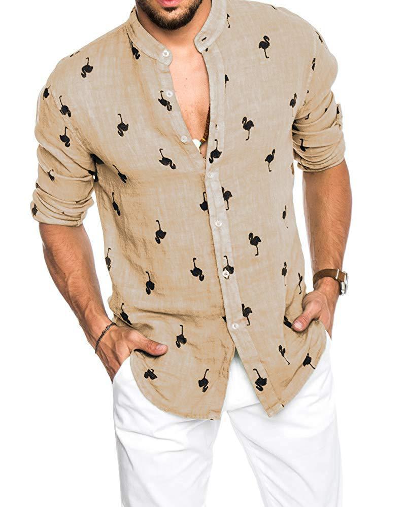 Men’s tan linen button-up shirt with pointed collar, long sleeves, and small icon print