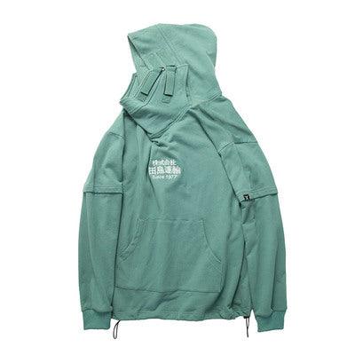 High-collar hooded sweatshirt, teal green, back view with drawstring hood and pocket.