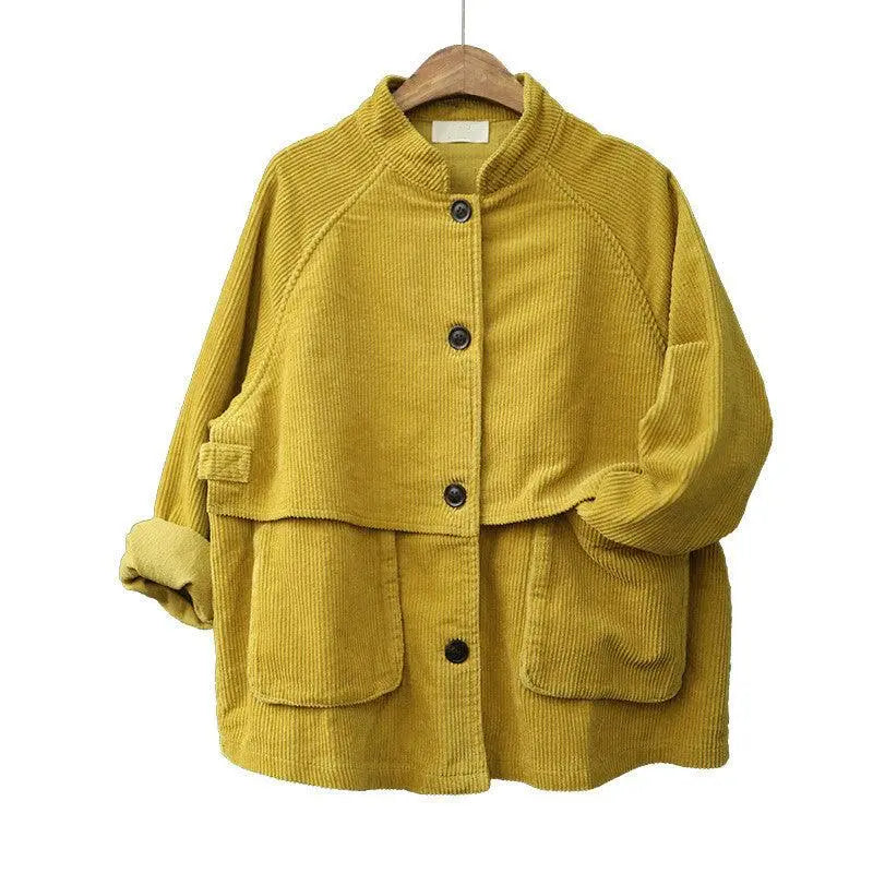 Mustard-yellow corduroy long-sleeve jacket on hanger, button front, stand collar, flap pockets