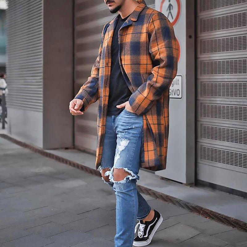 Men's plaid trench coat in orange and navy, long sleeves, button closure