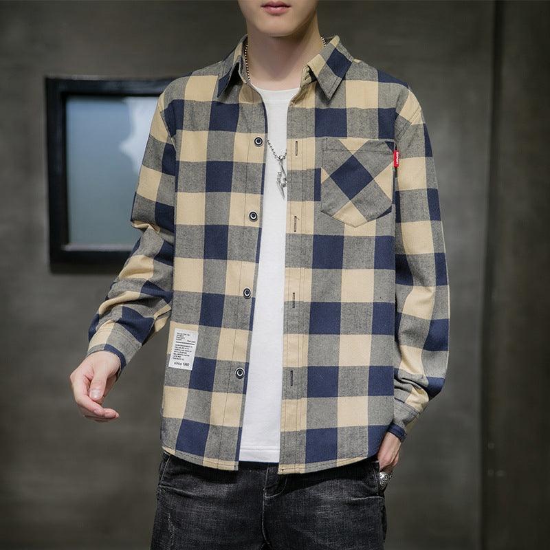 Men's long-sleeve tan, navy, and cream plaid button-up shirt with chest pocket
