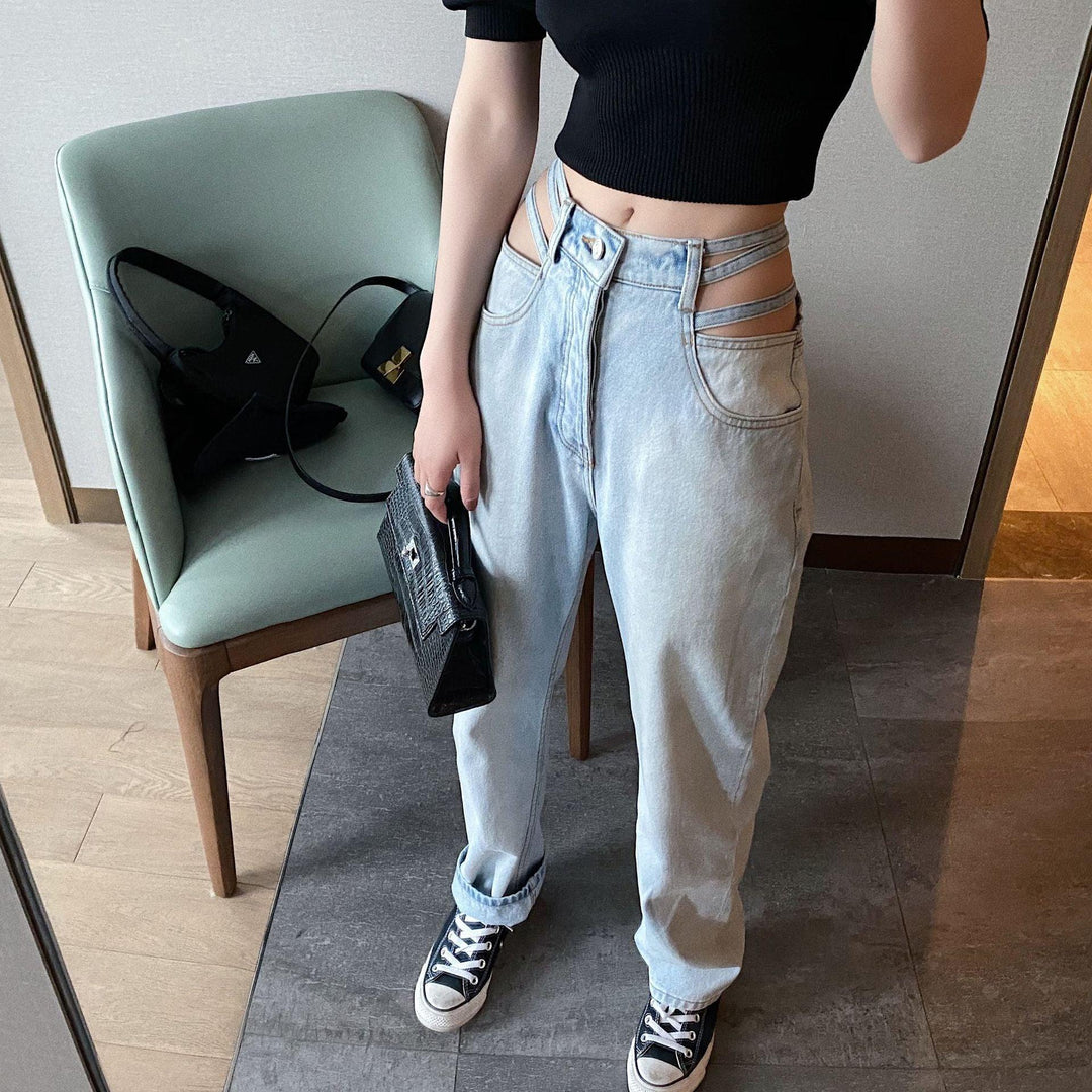 Light-wash high-waisted cut-out wide-leg denim jeans with straight wide legs