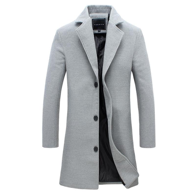 Light grey single-breasted coat with notched lapels, long sleeves, and front buttons