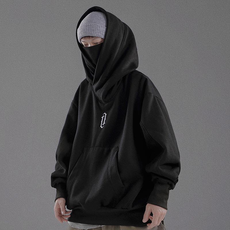 Black hooded pullover jacket with front kangaroo pocket and small chest logo