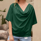 Solid V-Neck Short Sleeve Loose Top - WOMONA.COM