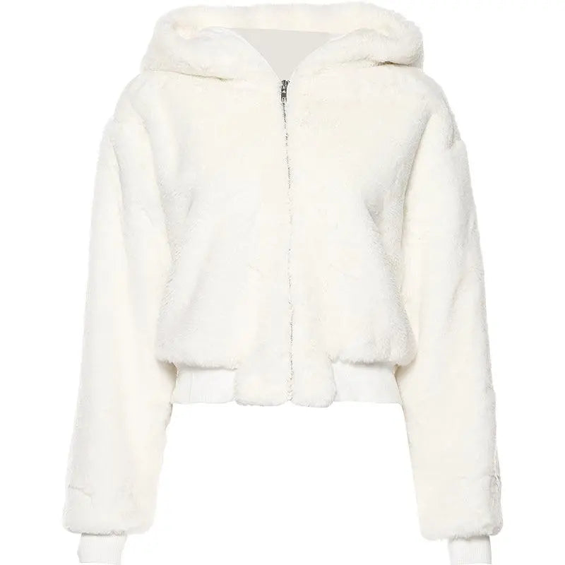 Short plush coat loose hooded top - WOMONA.COM