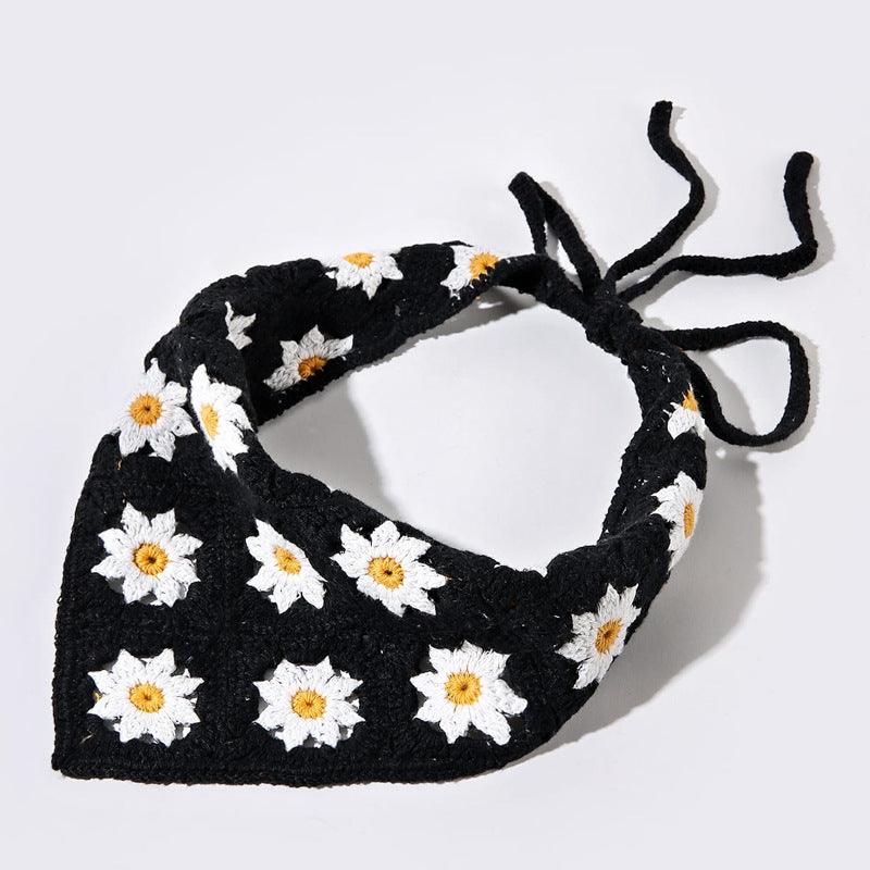 Black triangle hair scarf with white daisy flowers and long ribbon ties