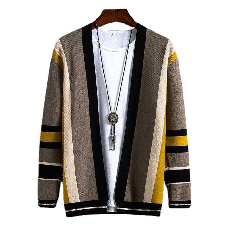 Men's sweater jacket, striped colorblock front in beige, brown, black, and yellow