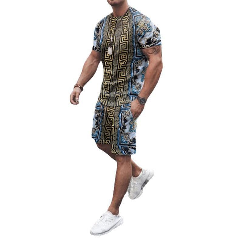 Casual loose short-sleeve T-shirt featuring blue and tan maze pattern graphic
