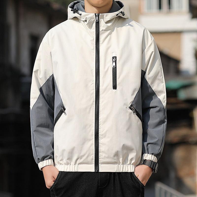 Men's casual jacket in off-white with dark gray sleeves, zip front, hood, pockets