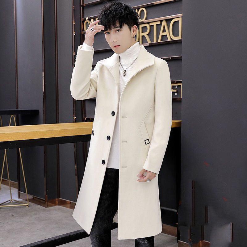 Men's mid-length beige trench coat with button placket and shoulder yoke detail