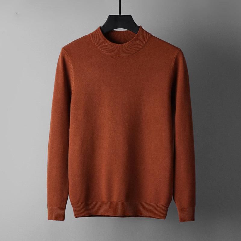 Orange knit pullover sweater with ribbed mock neck and long sleeves