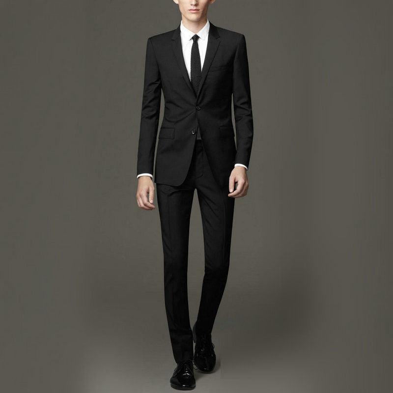 Men's black two-piece suit, notch lapels, two-button front, welt pockets, matching trousers