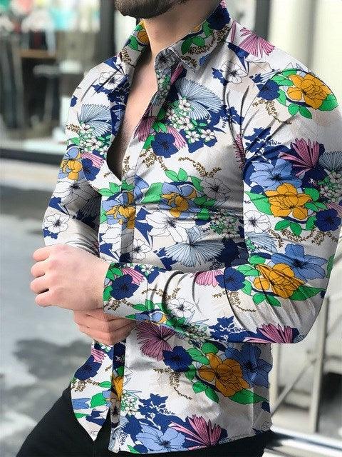 Men's long-sleeve button-up shirt with multicolor floral print, spread collar.