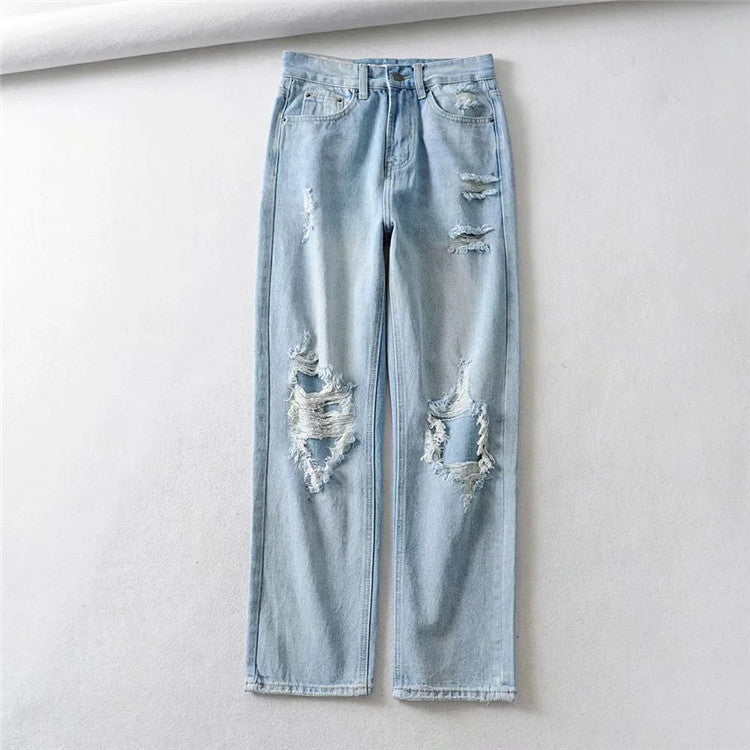 Light Blue denim Ripped Straight Leg Pants Women - WOMONA.COM