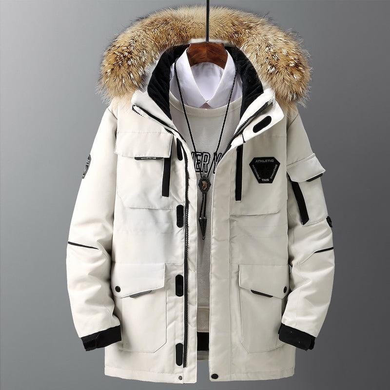 Men's and women's parka coat, light beige, faux fur-trim hood, front zipper, cargo pockets
