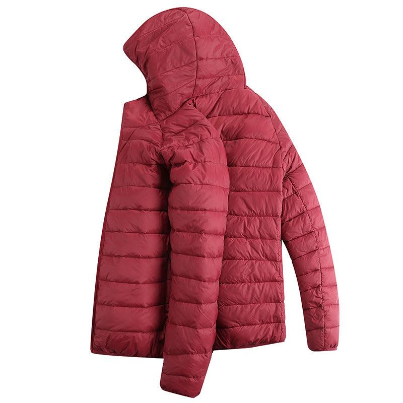 Red wine hooded down puffer jacket, quilted panels, zip front