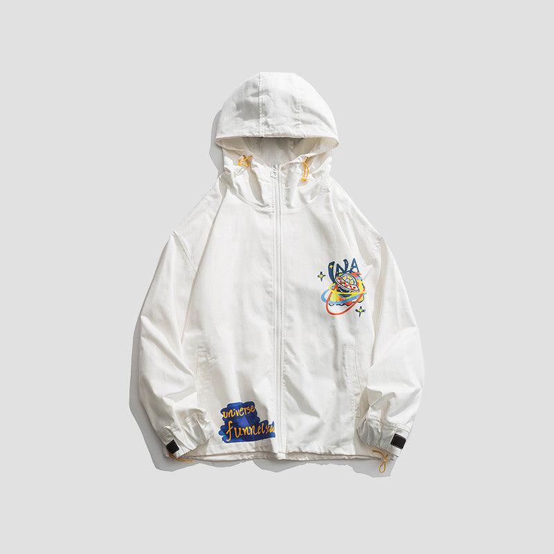 White loose zip-up jacket with hood, front kangaroo pocket, colorful chest graphic