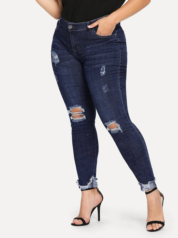 Shredded plus size women's feet jeans - WOMONA.COM