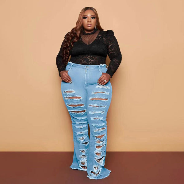 New Washing Trend Large Size Women's Torn Jeans - WOMONA.COM