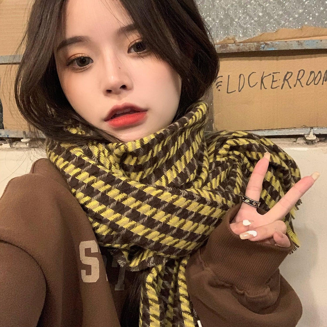 Plaid warm scarf with fringe, dark olive and yellow check pattern