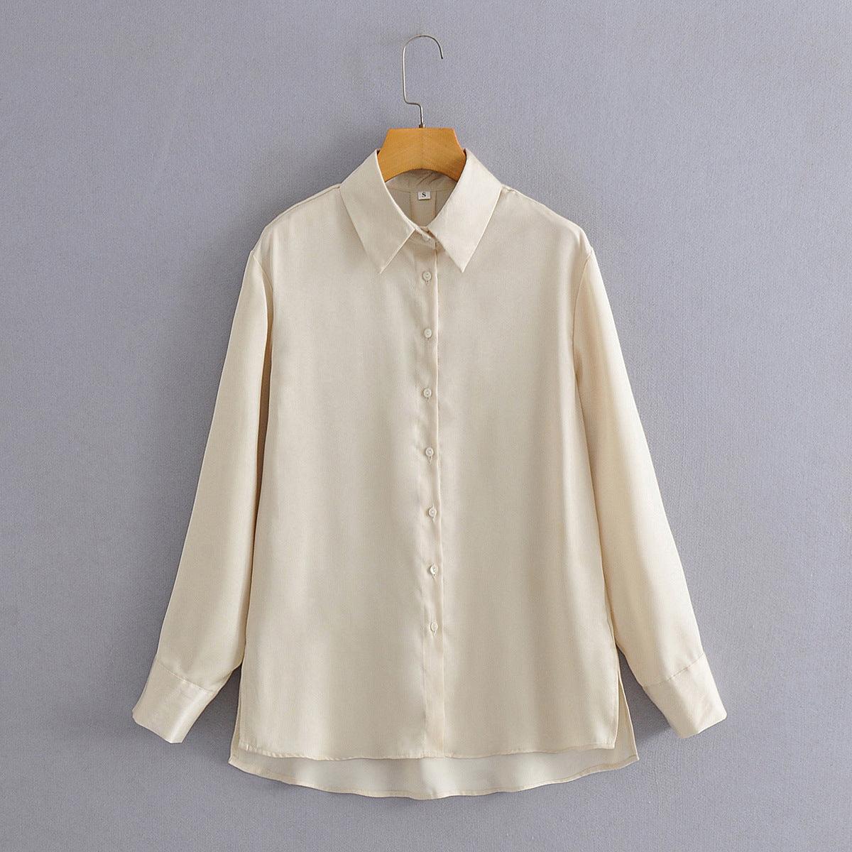 Satin Solid Color Shirt Top - WOMONA.COM