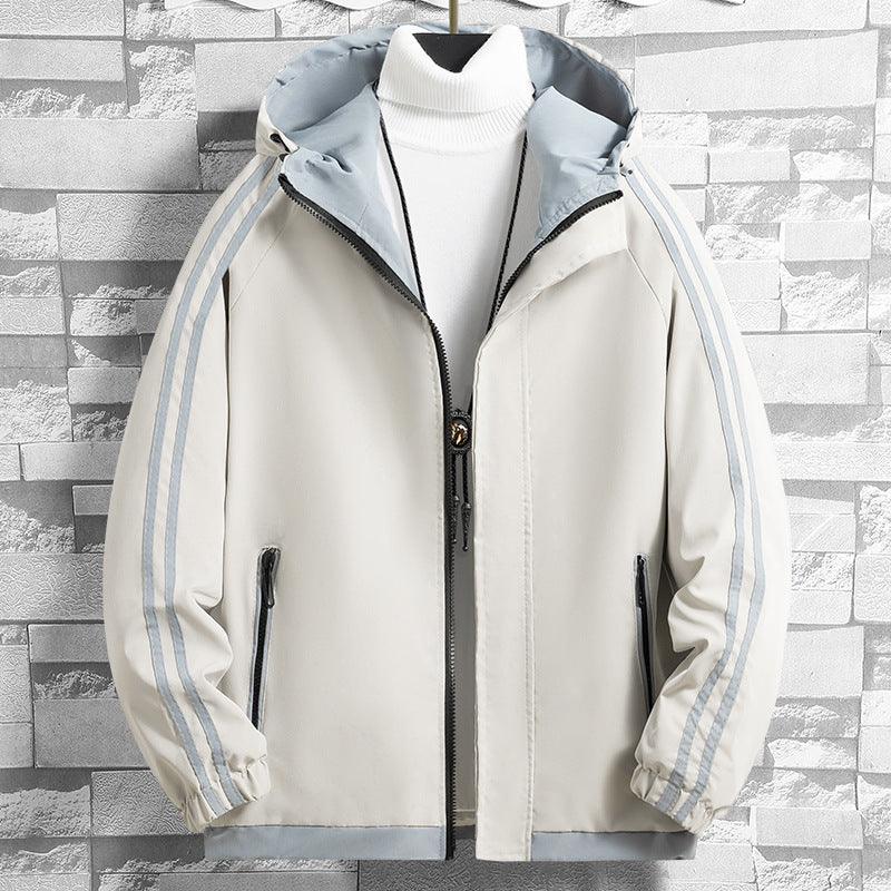 Light khaki hooded zip-up jacket with two pale blue side stripe bands