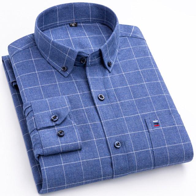Long-sleeve shirt in blue windowpane check with button front and chest pocket flap.