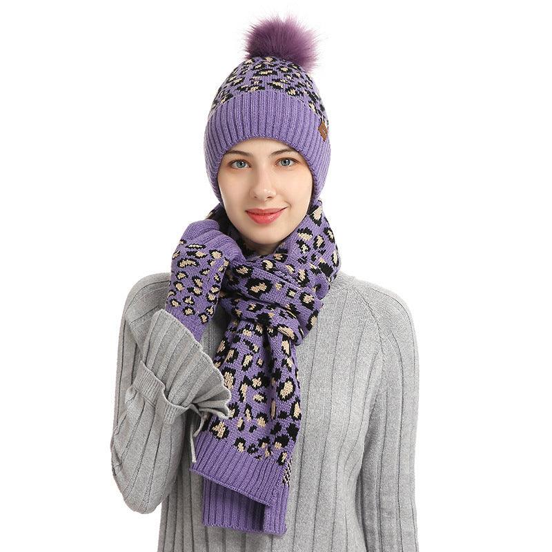 Purple leopard knit scarf with matching gloves and pom-pom beanie set