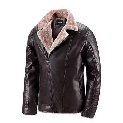 Velvet-padded jacket in dark brown with tan shearling collar and zip front