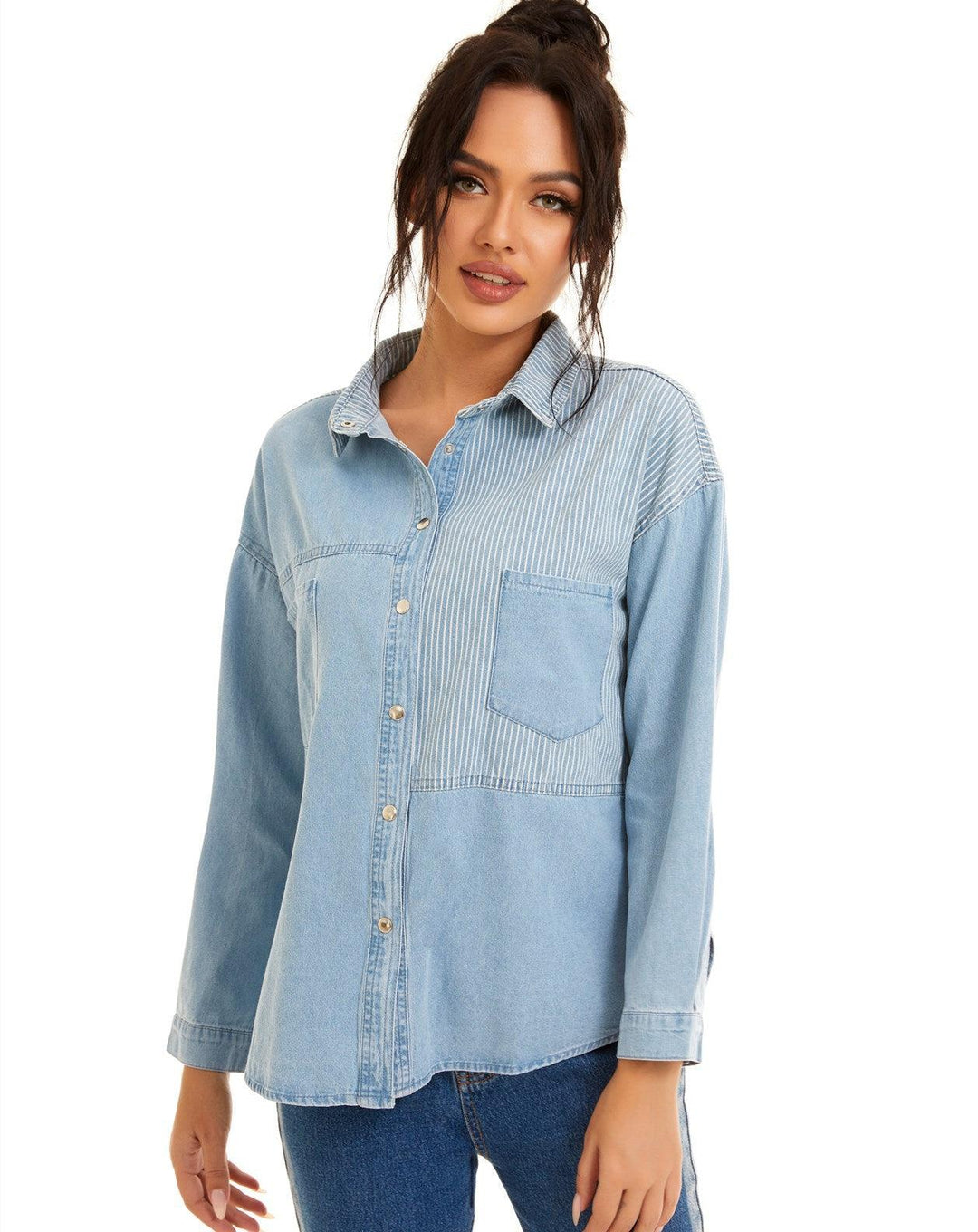Loose Stitching Striped Shirt Jacket - WOMONA.COM