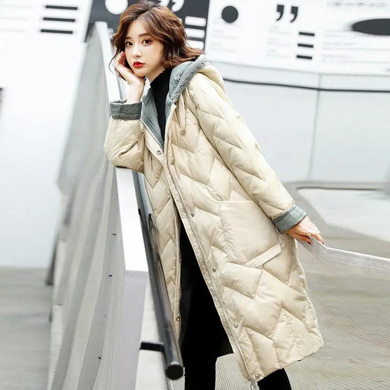 Cream hooded quilted long puffer jacket with button front and front flap pockets