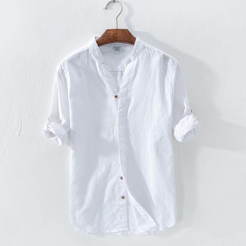 Men's linen casual shirt in white, short sleeves, button-front placket, side drape detail