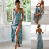 Sexy V-neck Printed Lace Slit Long dress - WOMONA.COM