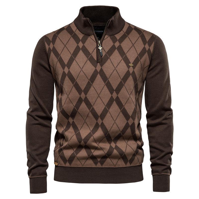 Brown argyle diamond knit quarter-zip sweater, ribbed collar, cuffs, and hem
