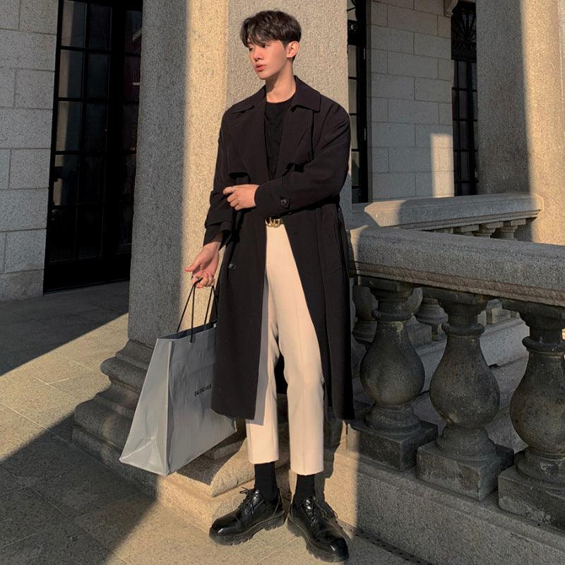 Men's double-breasted loose black coat, belted waist, button front, long sleeves