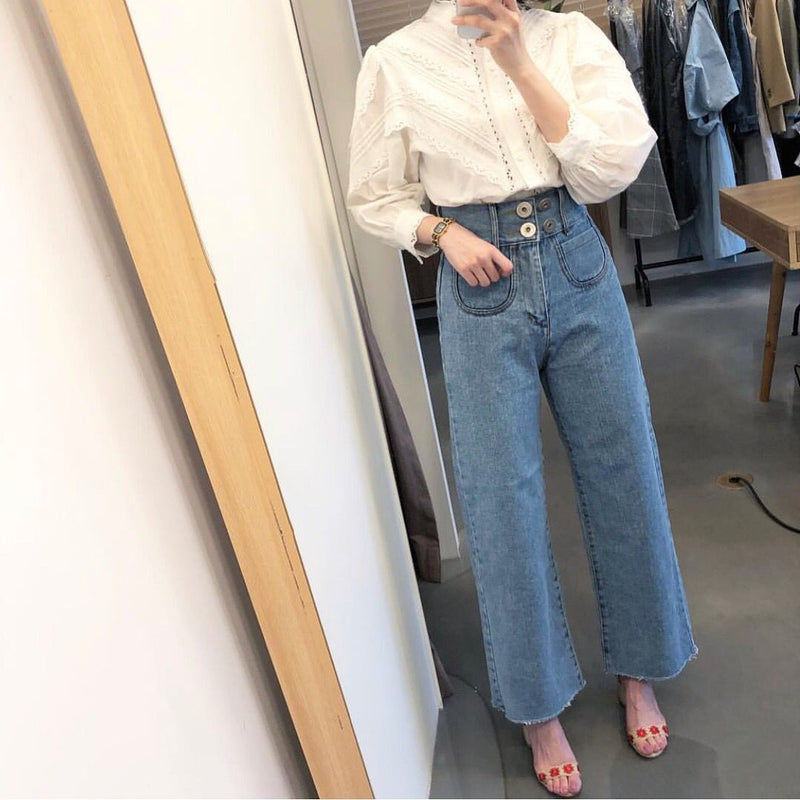 Wide Leg Denim Trousers For Women - WOMONA.COM