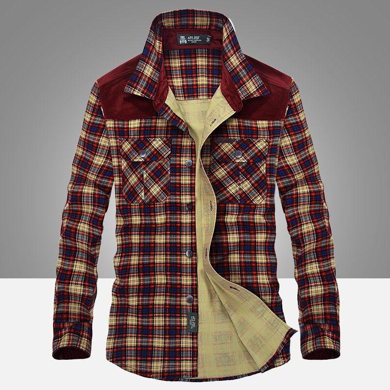 Men's plaid button-up military shirt with buttoned chest pockets and stand collar