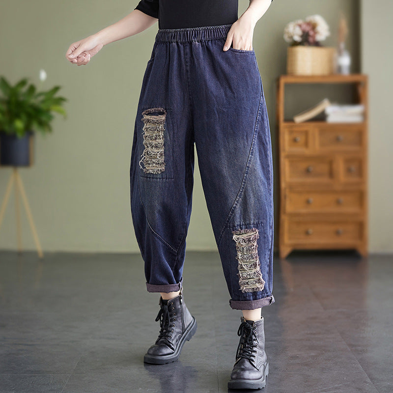 Women's Literary Plus Size Ripped Denim Harem Pants - WOMONA.COM