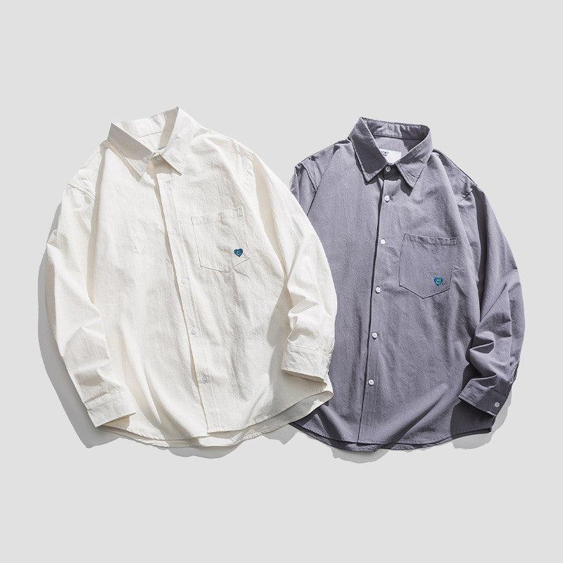 Casual button-up shirt-jacket set, white and grey with chest pocket and small logo