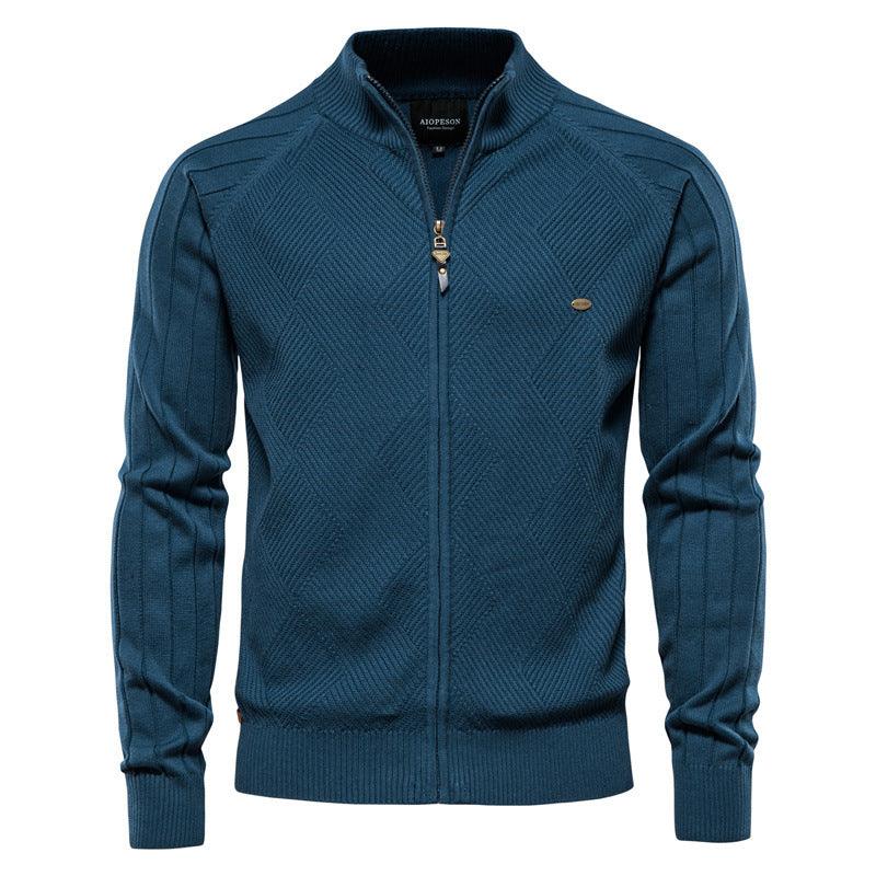 Navy blue zip-up knit sweater with stand collar and diamond pattern