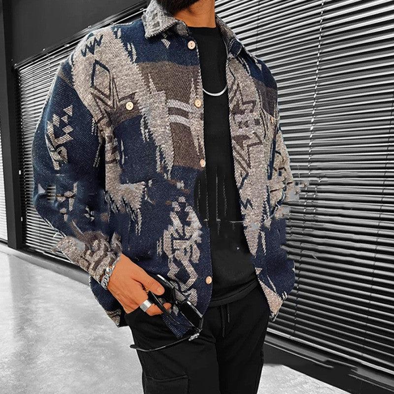 Men's blue and gray plaid long-sleeve button shirt jacket, fuzzy collar and front pockets