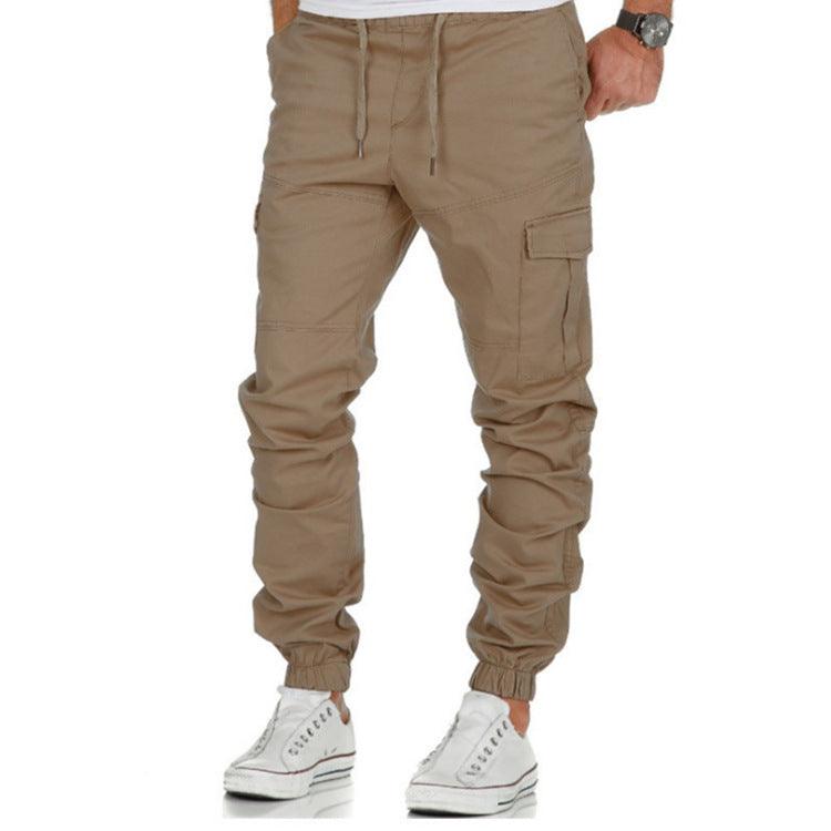 Men's khaki cargo jogger pants with drawstring waist, side pocket, elastic cuffs.