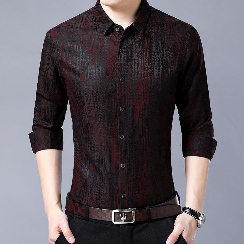 Red textured button-up men’s shirt with button-down collar and 3/4 sleeves
